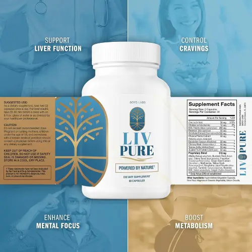 Liv Pure benefits overview showing dietary supplement features and product information.